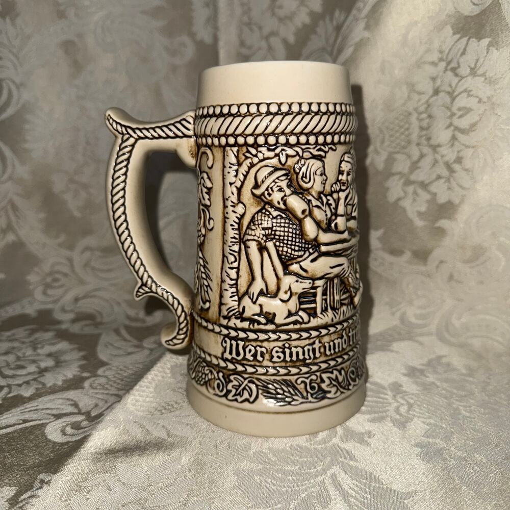 Vintage German Beer Stein Mug Relief Tavern Scene WF Rottenbach 6.5”